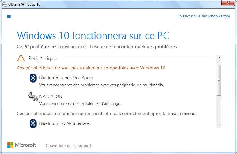 Compatibilité pilote Windows 10