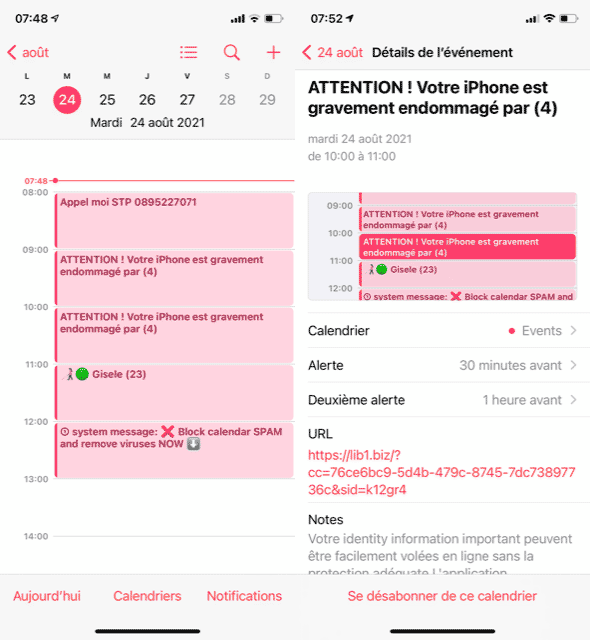 Virus calendrier iPhone