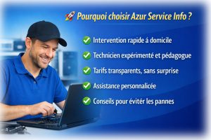 Choisissez Azur Service Info pour une intervention rapide à domicile, des techniciens expérimentés et des tarifs transparents. Assistance personnalisée garantie !