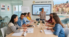 Un groupe de personnes assises autour d'une table de conférence lors d'une réunion de formation d'AZURSERVICEINFO.