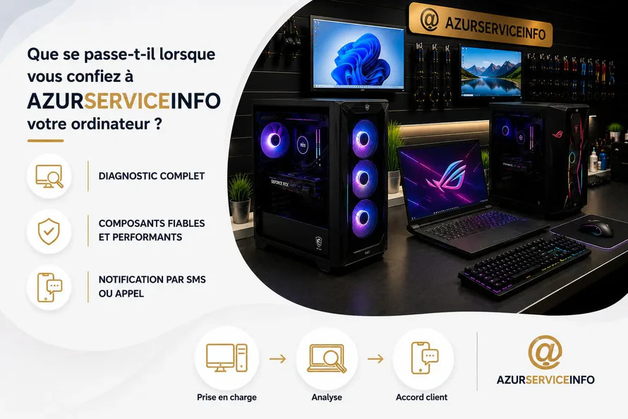 Intérieur d'un atelier en réparation informatique montrant un bureau et un moniteur et trois PC, identifié comme Atelier réparation d'ordinateur AZURSERVICEINFO.